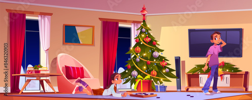 Sad couple in room on Christmas eve. Vector cartoon illustration of pensive young man, sad woman lying on floor, Xmas tree decorated with toys and color garland lights, gift boxes in living room