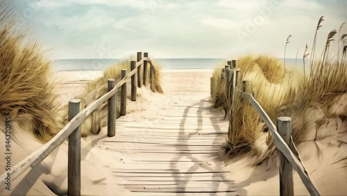 A path to the beach with old wooden fences and sand dunes