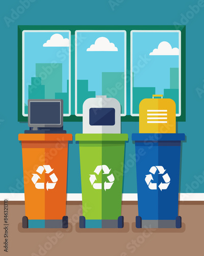 Recycling bins are conveniently located throughout the office encouraging employees to properly dispose of paper plastic and other materials.. Vector illustration