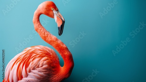 A beautiful pink flamingo stands out against a blue background.