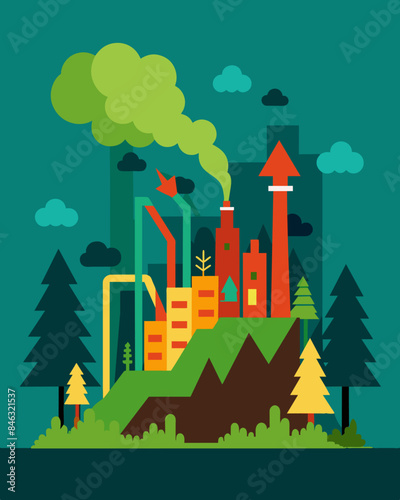 The drastic change in landscape from a thriving forest to an industrialized wasteland a somber reminder of the price of progress.. Vector illustration