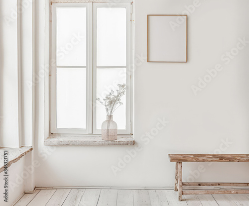 Window in an empty room with neutral tones. Home interiors with copy space.