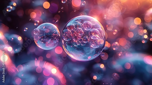 Floating bubbles with light reflections and shadows on a dark background, iridescent colors, hd quality, realistic rendering, 3D effect, ethereal glow, surreal design, dynamic composition.