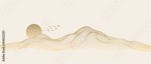 Vector abstract art landscape mountain with birds and sunrise sunset by golden line art texture isolated on white beige background. Minimal luxury style for wallpaper, wall art decoration.