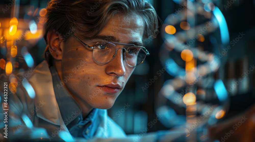 An Inquisitive Scientist Studying A Detailed Dna Model In A Cutting-Edge Genetics Lab An Inquisitive Scientist Studying A Detailed Dna Model In A Cutting-Edge Genetics Lab