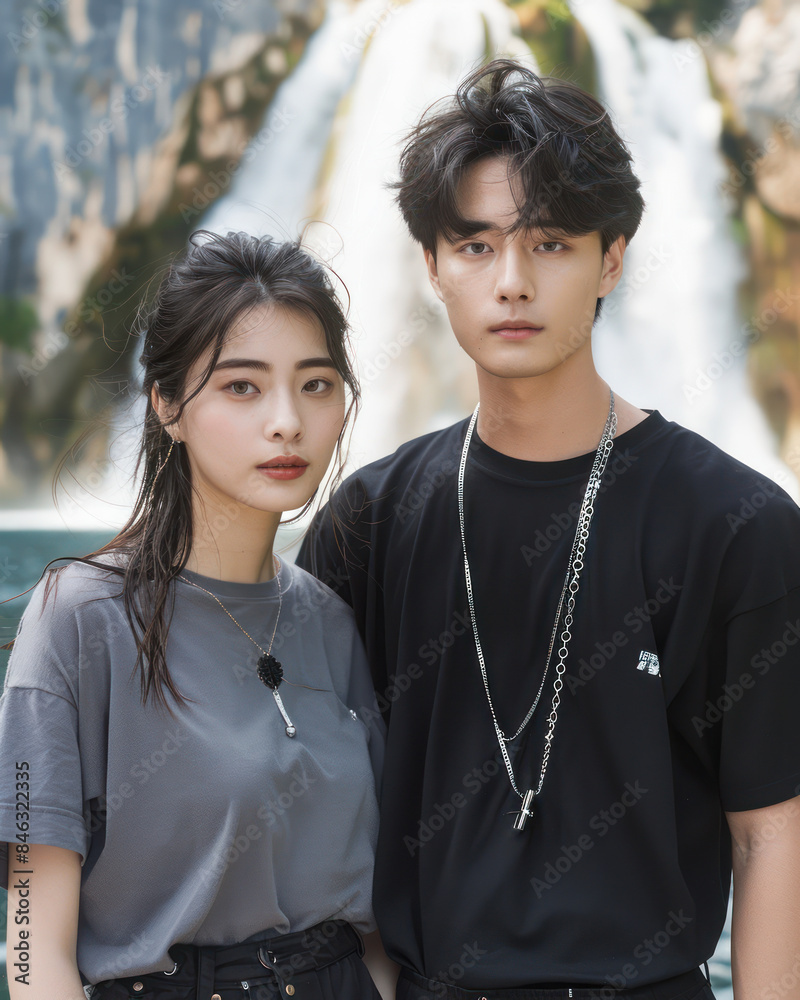Stylish Couple Posing Fashionably in Front of a Waterfall Serene Landscape and Fashionable Outfits Highlight This Scenic Outdoor Portrait Stylish Couple Posing Fashionably in Front of a Waterfall Serene Landscape and Fashionable Outfits Highlight This Scenic Outdoor Portrait