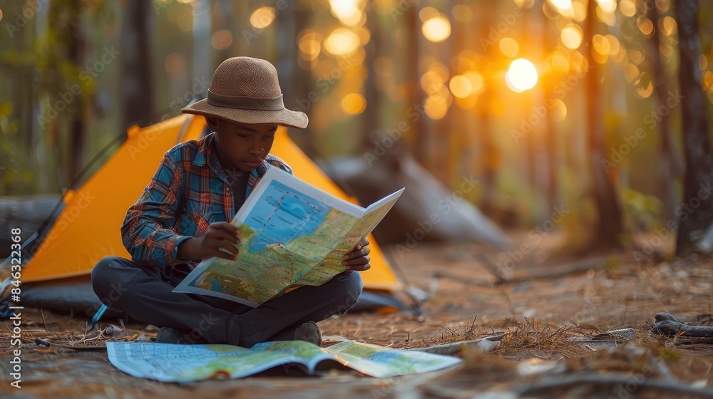 A young boy is sitting in a tent reading a map A young boy is sitting in a tent reading a map