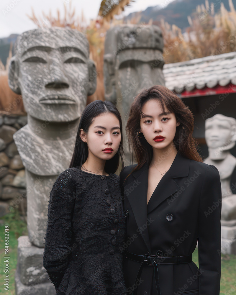 Two Stylish Women Posing in Front of Ancient Stone Statues in Scenic Outdoor Setting with Hills in Background Two Stylish Women Posing in Front of Ancient Stone Statues in Scenic Outdoor Setting with Hills in Background