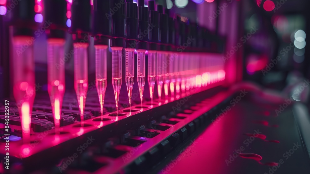 A close-up shot of a row of champagne flutes, illuminated by pink lights, in a dimly lit nightclub setting