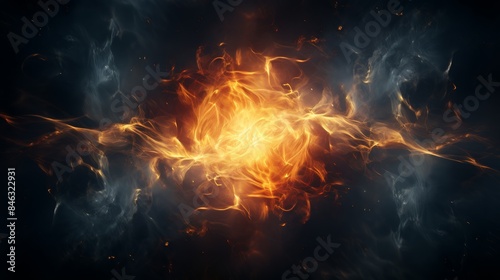 single fire spark, glowing intensely in the center of the frame, with its delicate tendrils of smoke swirling around it.