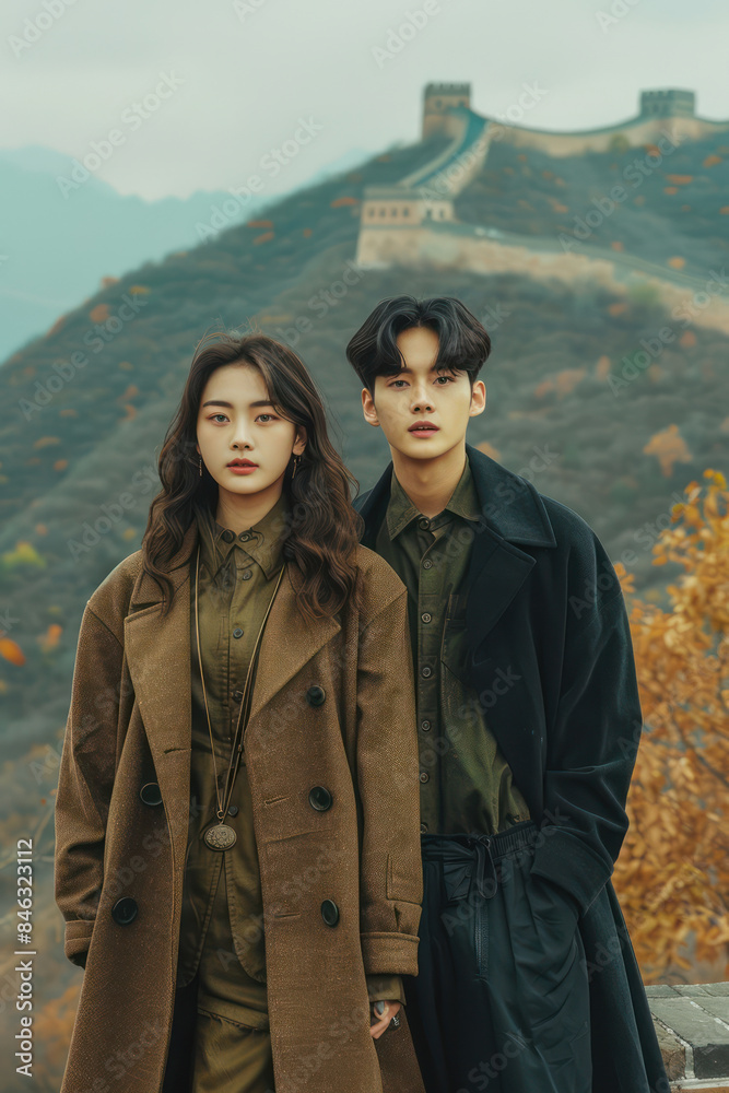Young Couple Posing in Front of Scenic Mountain Landscape with Historic Wall in Background During Autumn Season