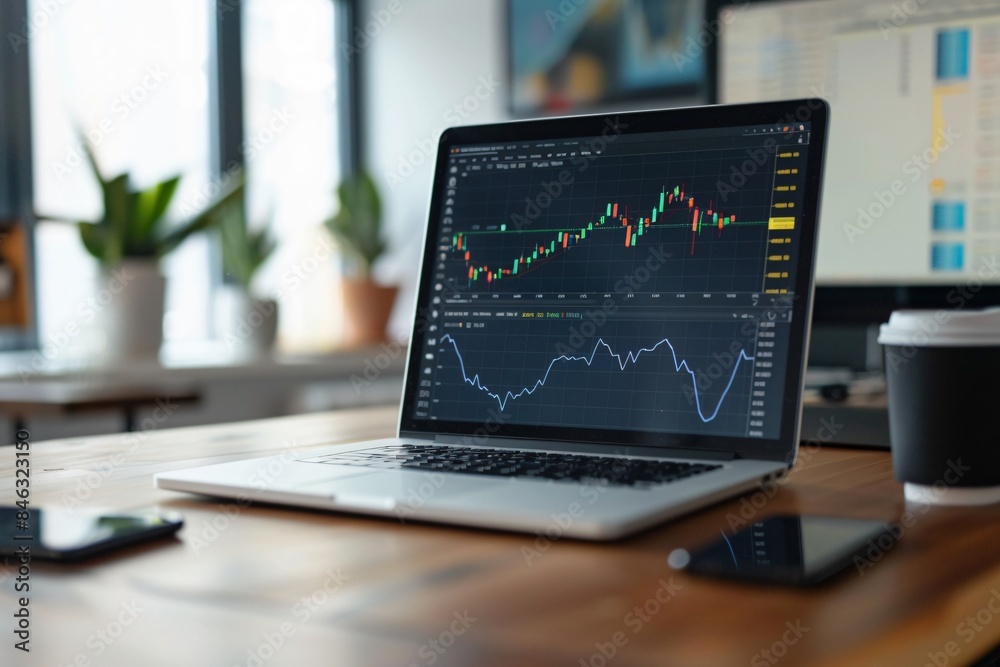 Laptop displaying financial chart graph, stock market data. professional trading investment analysis monitoring and analyzing financial markets or conducting investment research Laptop displaying financial chart graph, stock market data. professional trading investment analysis monitoring and analyzing financial markets or conducting investment research