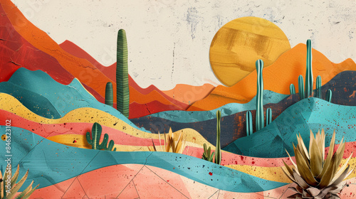 cactus plants and sunset in Mexico desert, art collage style poster, retro, vintage, old fashioned, bright colors