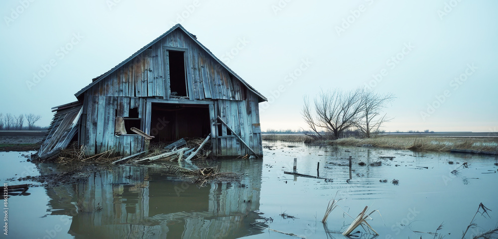 Abandoned barn in a flooded field, with weathered wood and reflections on the water. Suitable for themes of decay, rural landscapes, and environmental changes. Abandoned barn in a flooded field, with weathered wood and reflections on the water. Suitable for themes of decay, rural landscapes, and environmental changes.