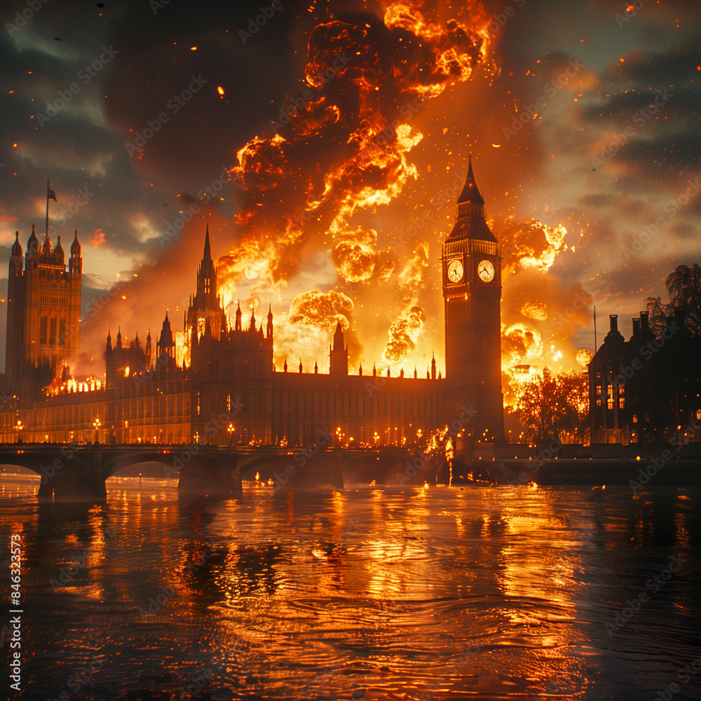 London's Burning - Illustration of the Houses of Parliament in flames at night - Symbolic of the current political upheaval in the country. 
