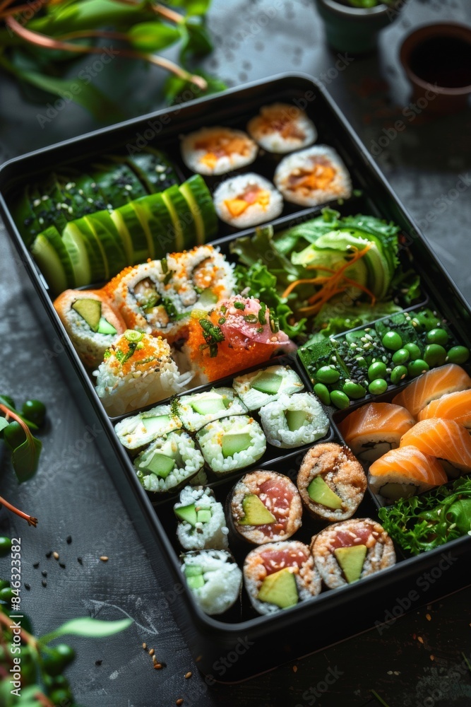 Stylish bento lunchbox filled with an assortment of delicious sushi rolls Stylish bento lunchbox filled with an assortment of delicious sushi rolls