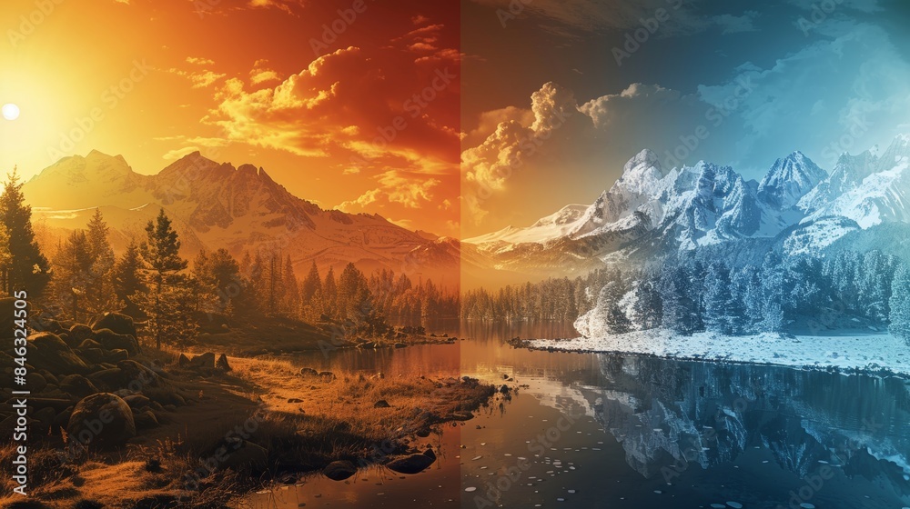 Seasonal timeline of climate change, demonstrating the transition between summer and winter, with visual emphasis on environmental and temperature shifts Seasonal timeline of climate change, demonstrating the transition between summer and winter, with visual emphasis on environmental and temperature shifts