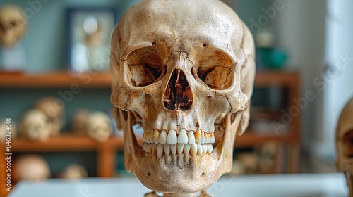 A close-up view of a human skull displayed in a classroom setting