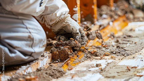 Termite infestation being handled by professional exterminators, using cutting-edge tools and methods, ensuring a thorough and safe termite-free home