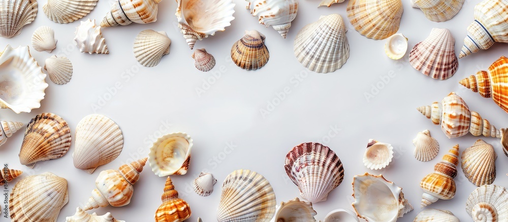 An alluring display of seashells on a white backdrop with ample space for text.