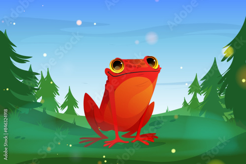 Cute red frog with smiling face and big yellow eyes sitting on lawn in forest. Cartoon vector illustration of summer or spring wood landscape with funny exotic toad. Childish comic amphibian animal.
