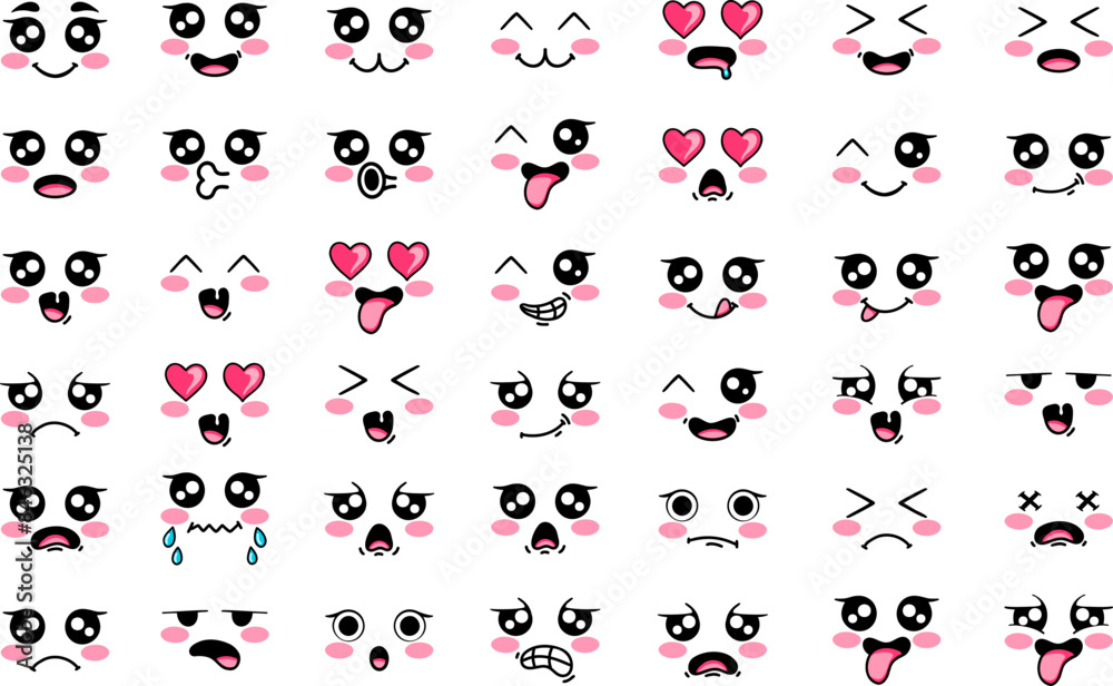 Naklejka premium A diverse collection of cute cartoon facial expressions featuring various emotions, with blushing cheeks and expressive eyes.