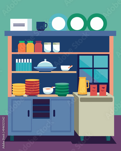 The office kitchen is stocked with reusable plates and utensils eliminating the need for disposable ones.. Vector illustration
