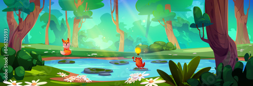 Cute orange fox and red frog with smiling face having idea sitting on lake in forest. Cartoon vector summer or spring wood landscape with funny childish comic amphibian animal with light bulb.