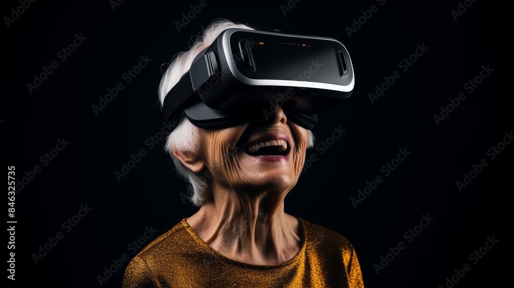 Elderly Woman in VR Headset on Dark Background with Space for Text Generative AI Elderly Woman in VR Headset on Dark Background with Space for Text Generative AI