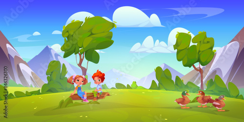 Two kids sitting on wooden log on meadow with green grass and trees, wild ducks, high mountains and blue sky with clouds on background. Cartoon vector summer landscape with boy and girl friends.