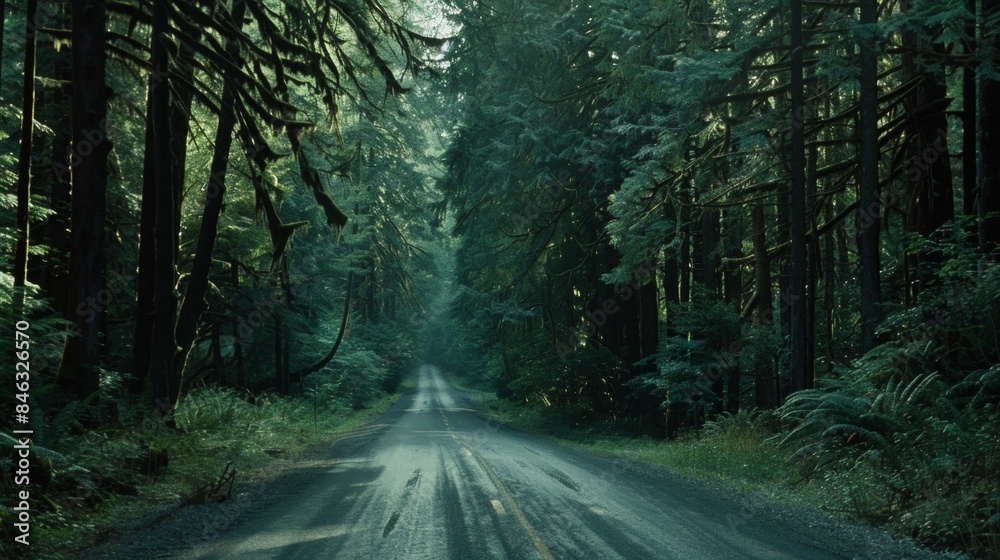 Obraz premium In the midst of a dense forest a solitary road emerges surrounded by towering trees promising an escape from modern life and a return . AI generation.