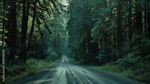 In the midst of a dense forest a solitary road emerges surrounded by towering trees promising an escape from modern life and a return . AI generation.