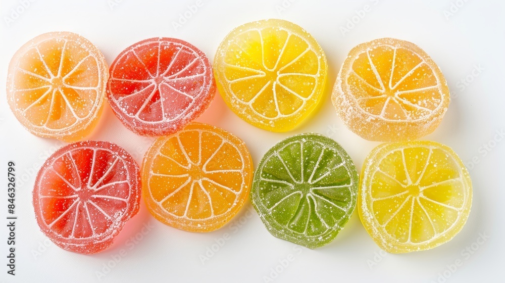 Top view of lemon-shaped jelly fruit snacks in assorted flavors, vibrant colors on an isolated white background, studio lighting highlighting details