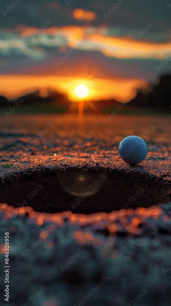 A golf ball perched on hole's rim, sunset silhouetted beyond A golf ball perched on hole's rim, sunset silhouetted beyond