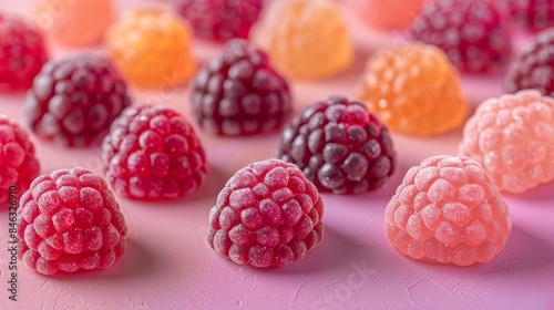 Top view of raspberry-shaped jelly fruit snacks in assorted flavors, vibrant colors, isolated background, studio lighting, perfect for advertising