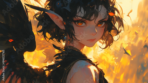 Mystical Portrait of a Dark Angel with Fiery Gaze