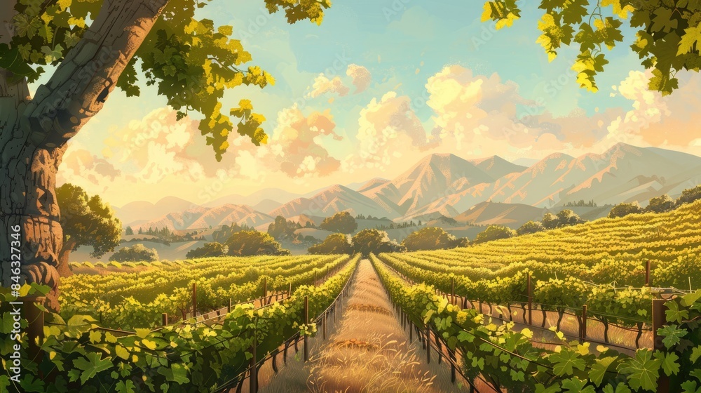 Naklejka premium Scenic landscape featuring a vineyard