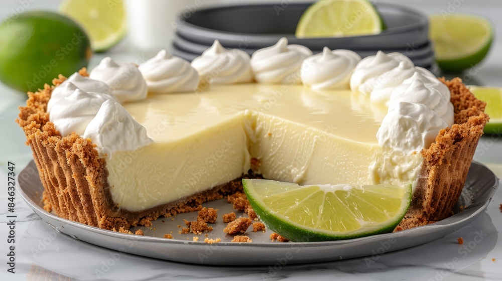 A cheesecake with a sliced piece on a plate, surrounded by limes A cheesecake with a sliced piece on a plate, surrounded by limes
