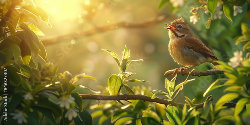 A robin bird in a tree singing song at sunrise