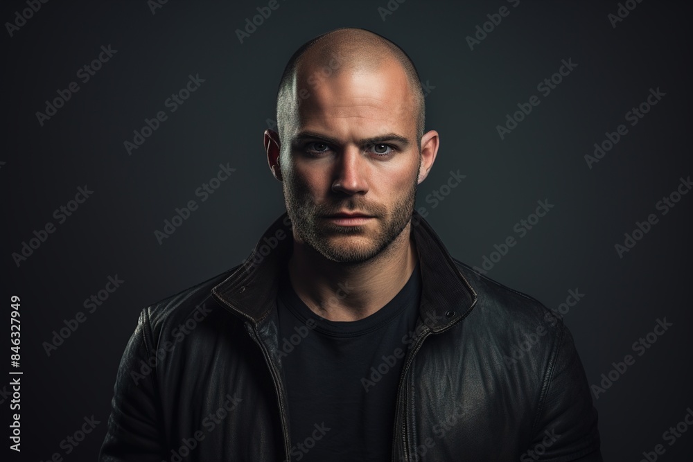 Obraz premium A man with a shaved head and a black leather jacket