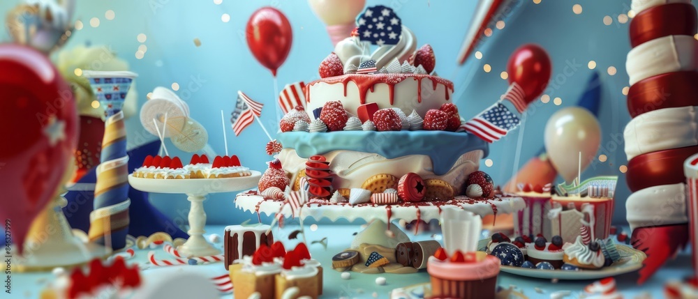 A detailed scene featuring an Independence Day cake as the focal point, with assorted themed desserts and festive treats artfully arranged to The spirit of celebration