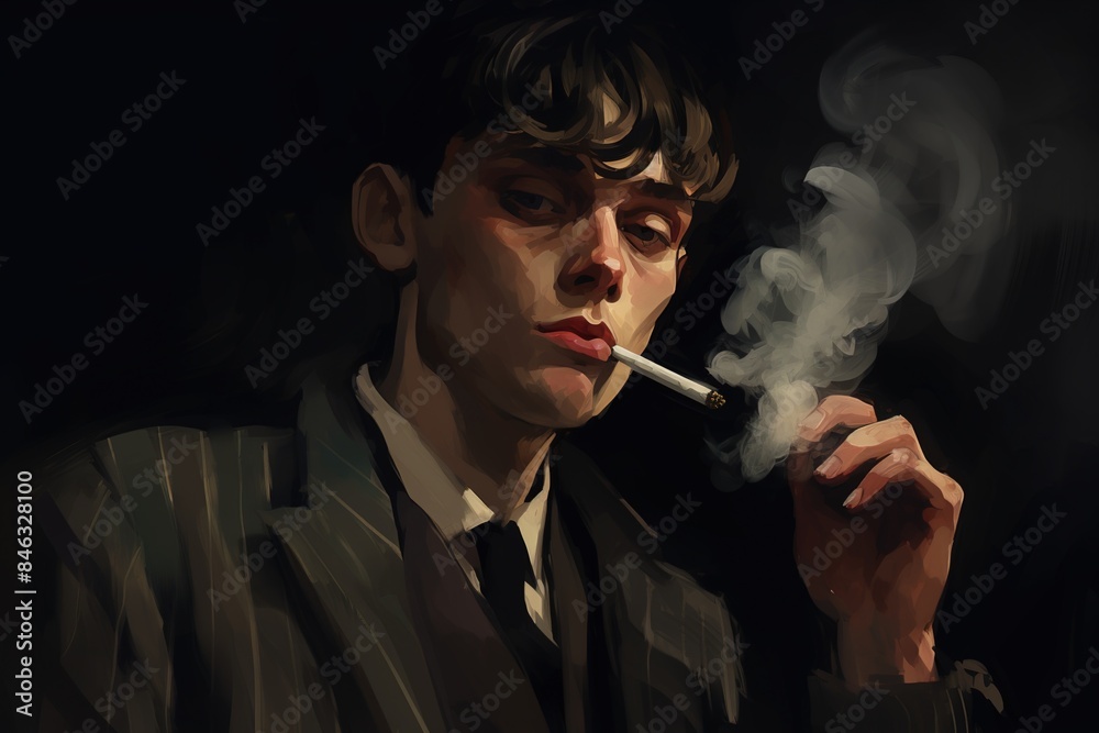 Fototapeta premium A man is smoking a cigarette in a dark room