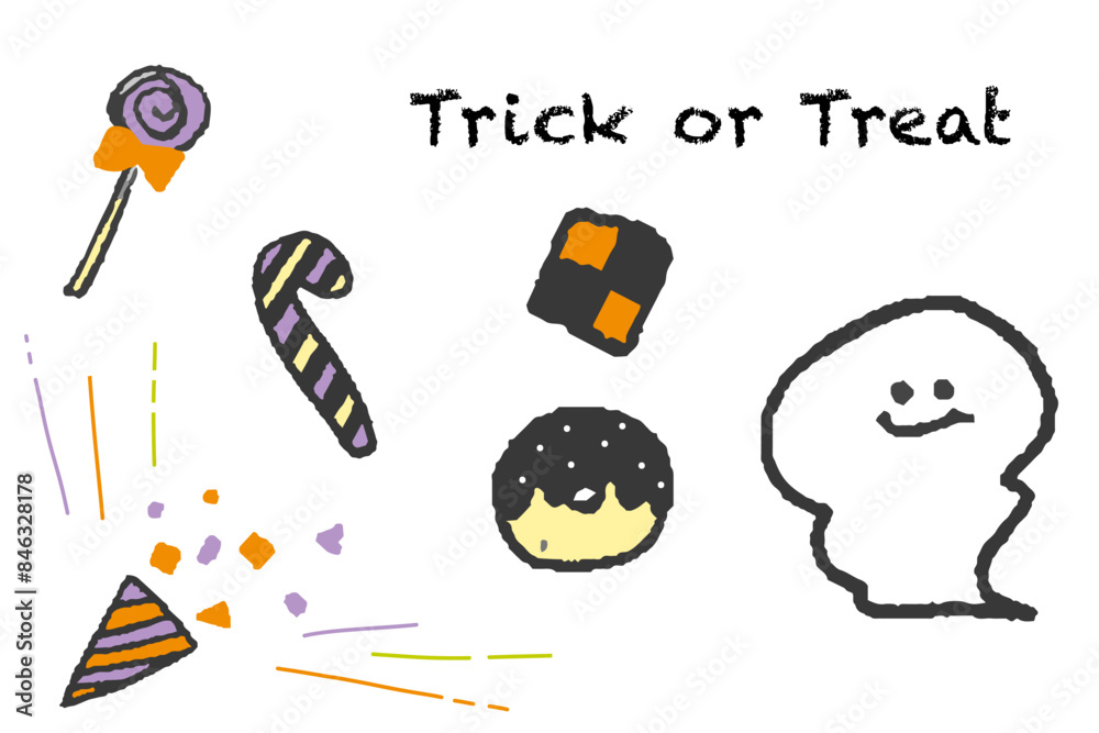 ハロウィンでお菓子をねらうおばけの手描きイラスト