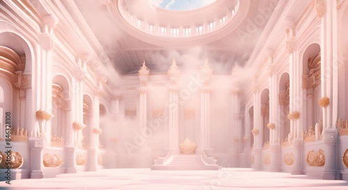 Luxurious empty throne hall decorated with baroque gold. Royal white throne