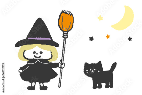 ホウキを持つ魔女とクロネコの手描きイラスト、怖くないハロウィンイラスト