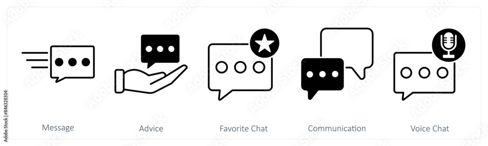 A set of 5 Mix icons as message, advice, favorite chat A set of 5 Mix icons as message, advice, favorite chat