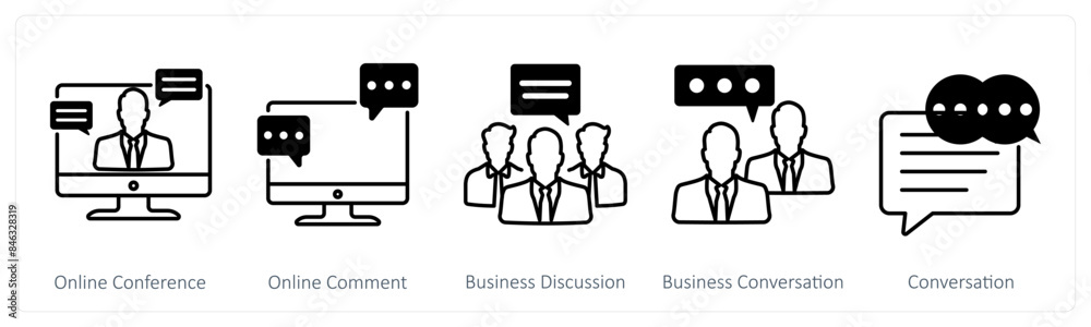 A set of 5 Mix icons as online conference, online comment, business dicsussion A set of 5 Mix icons as online conference, online comment, business dicsussion