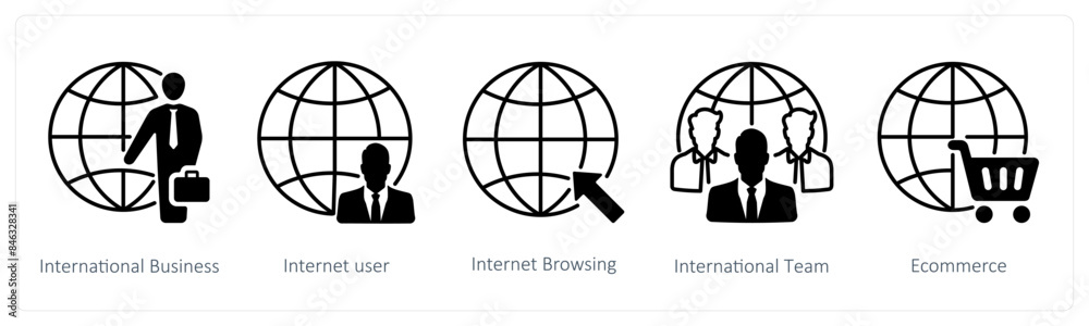 A set of 5 Mix icons as international business, internet user, internet browsing A set of 5 Mix icons as international business, internet user, internet browsing