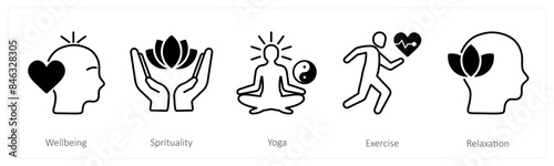 A set of 5 Mix icons as well being, spirituality, yoga