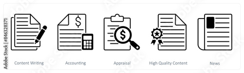 A set of 5 Mix icons as content writing, accounting, appraisal